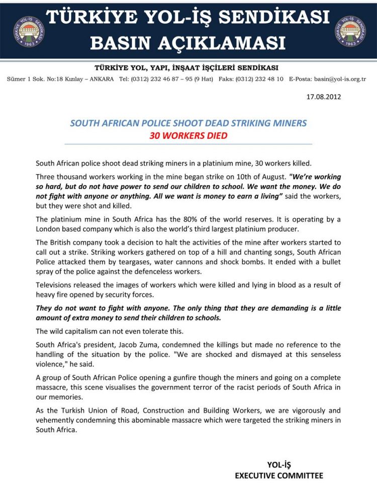SOUTH AFRICAN POLICE SHOOT DEAD STRIKING MINERS 30 WORKERS DIED